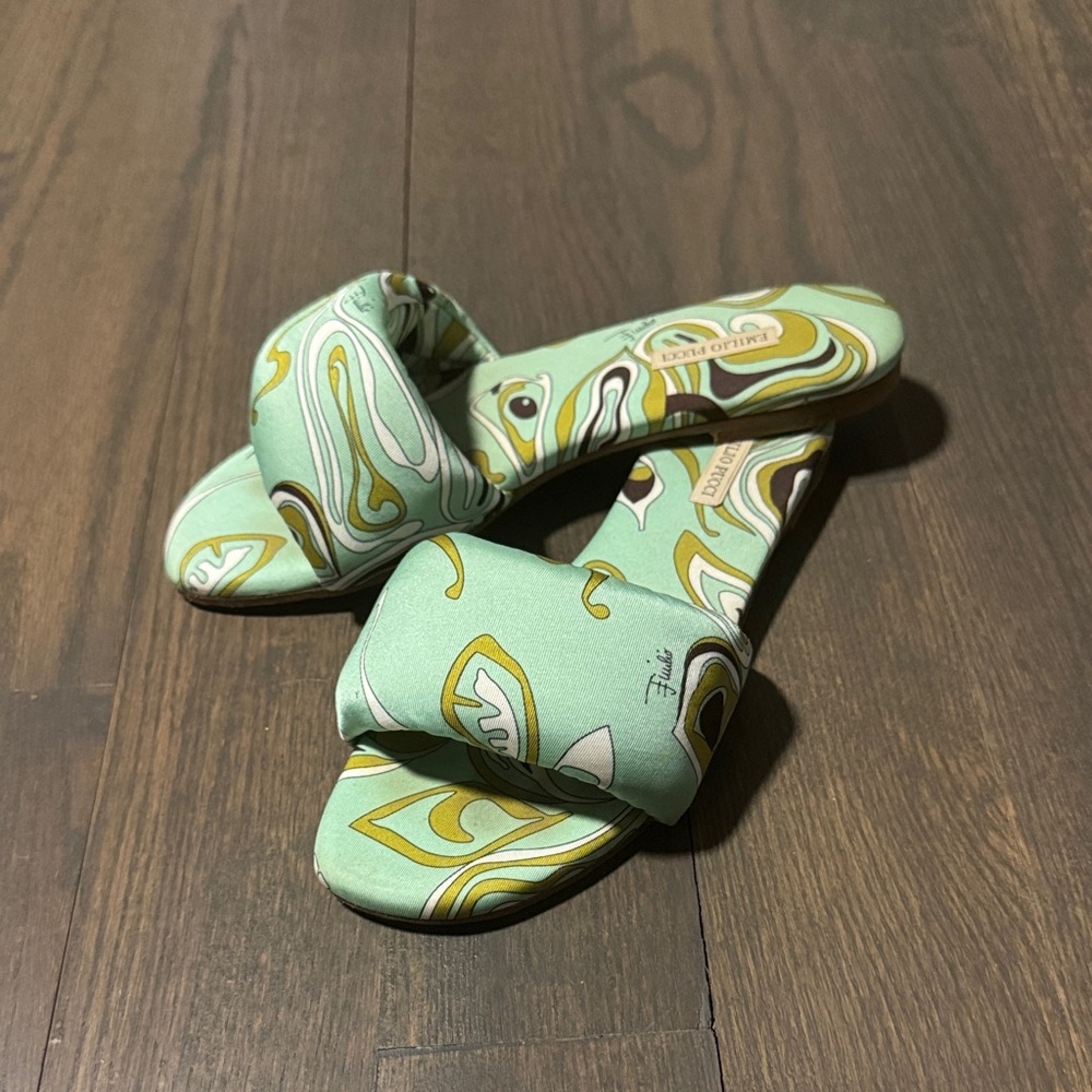 Emilio Pucci Mint Green Patterned Slip-On Sandals